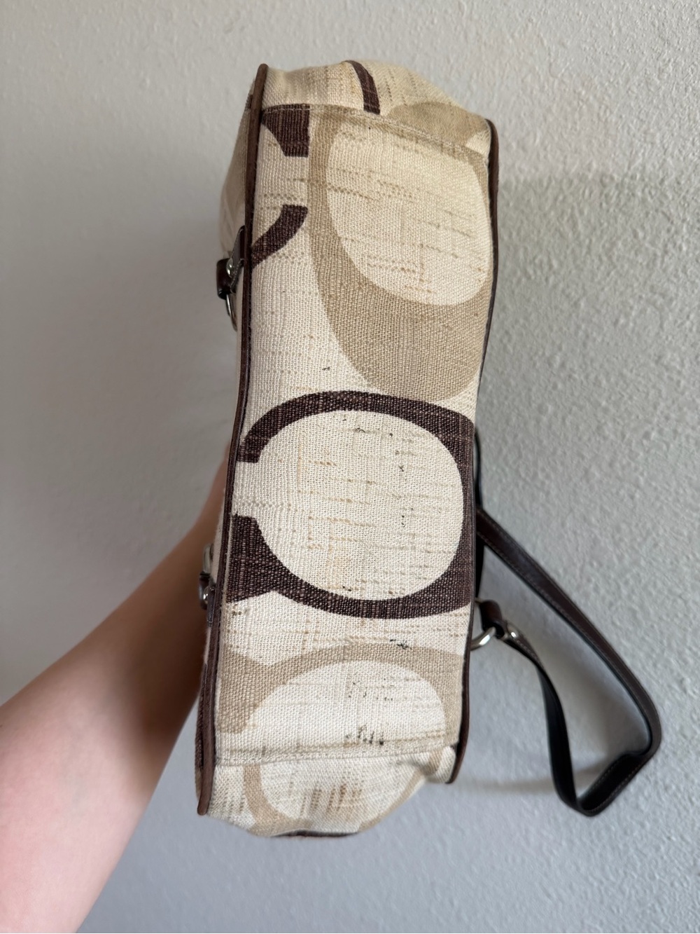 Y2K Coach Canvas Tote Bag with Brown Leather Trim - Classic Circle Pattern - Picture 3 of 6